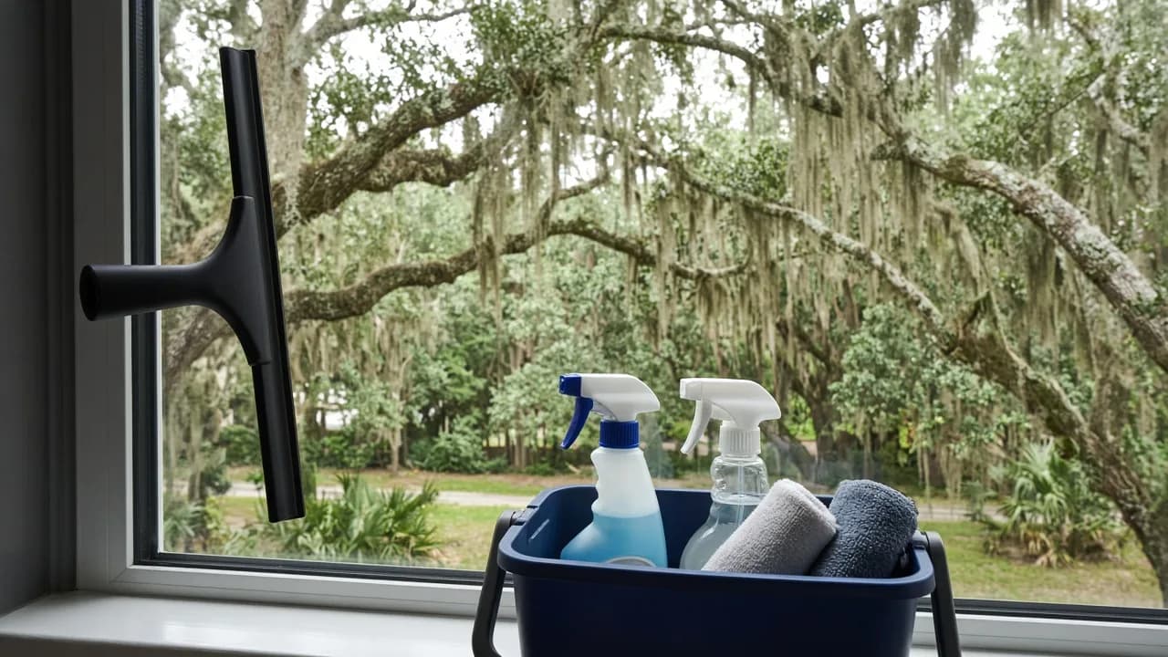 Squeegee and cleaning caddy on a new window looking out onto Lowcountry live oaks